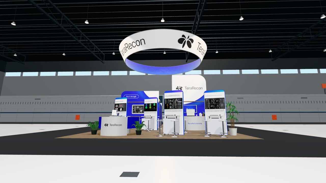 The TeraRecon booth for RSNA 2026, seen from the front aisle; the view turns around the booth as you drag