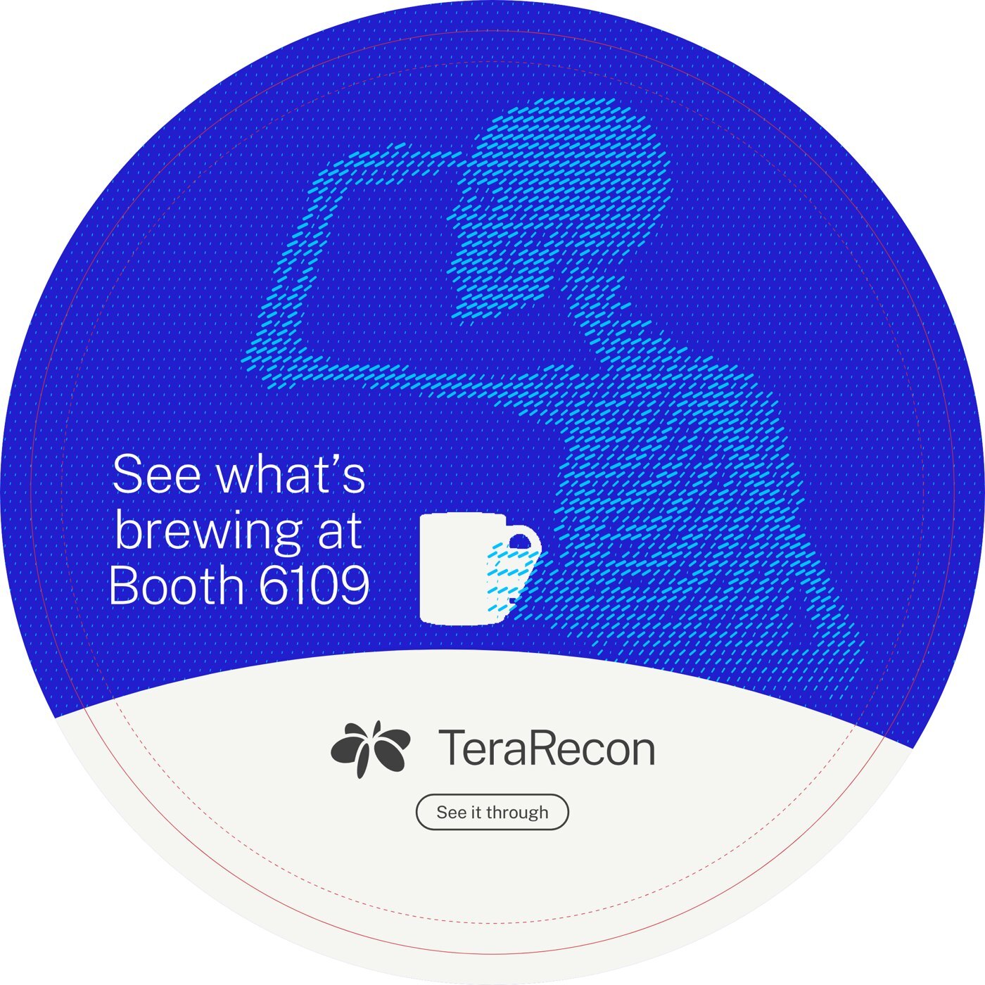 Table decal proof, lookout design v4: a skeleton holding a coffee cup, with See what's brewing at Booth 6109