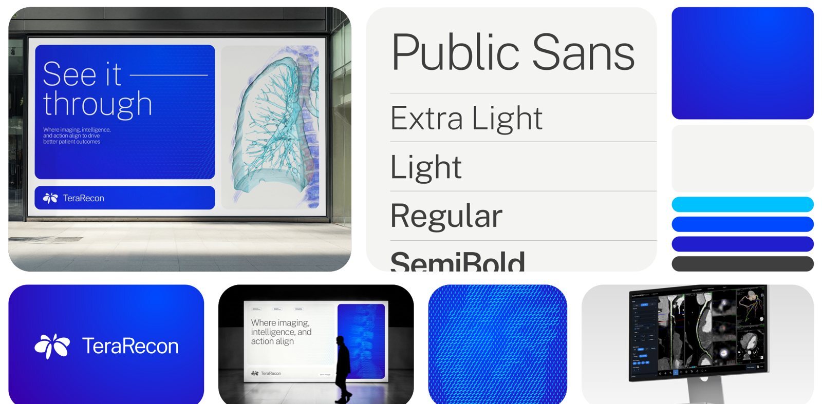 Overview mosaic: a See it through billboard, Public Sans weights, color chips, the lockup on Cobalt, a lightbox, a particle-flow tile and product UI