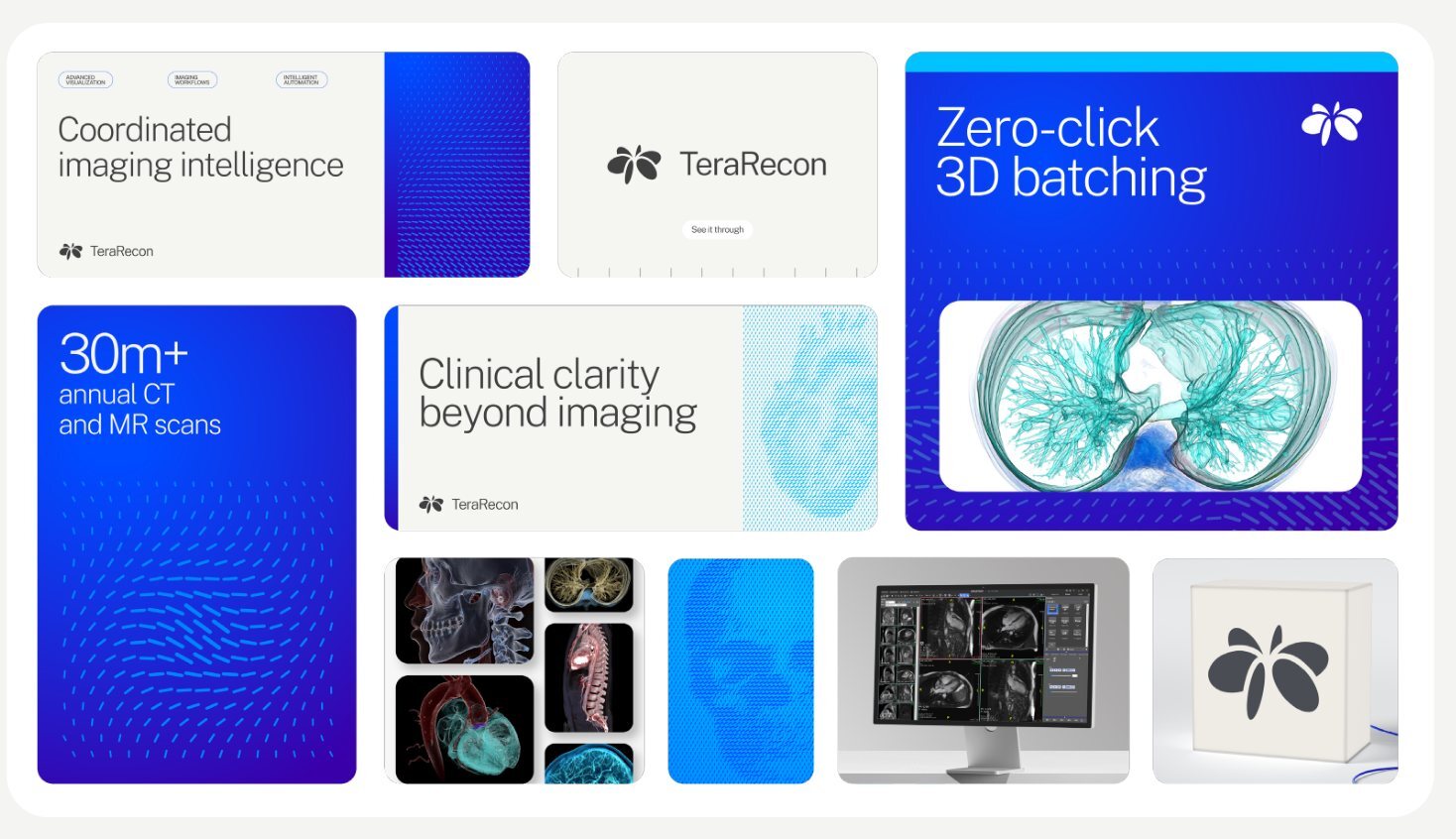 Graphic language overview: a bento of cards with a stat, headlines, particle flow, renderings, product UI and the logo