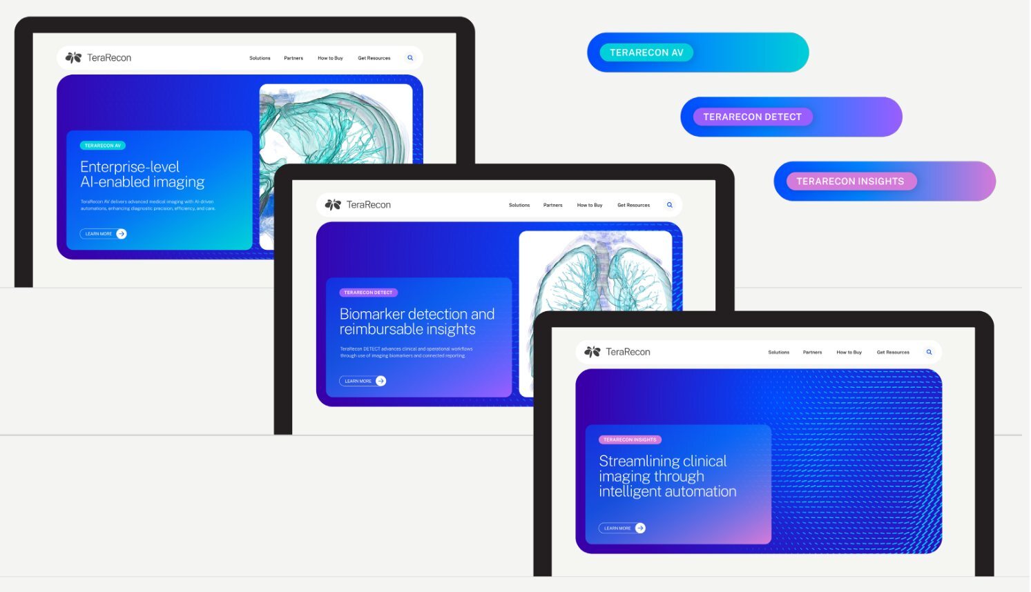 Product web pages for each category, with the three product tags