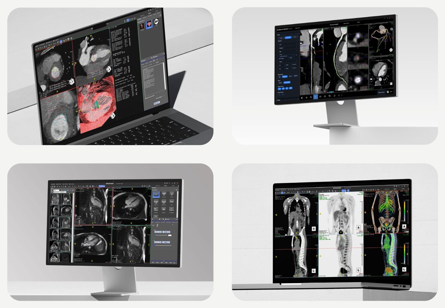 Product UI on laptops and monitors in a clean gray studio