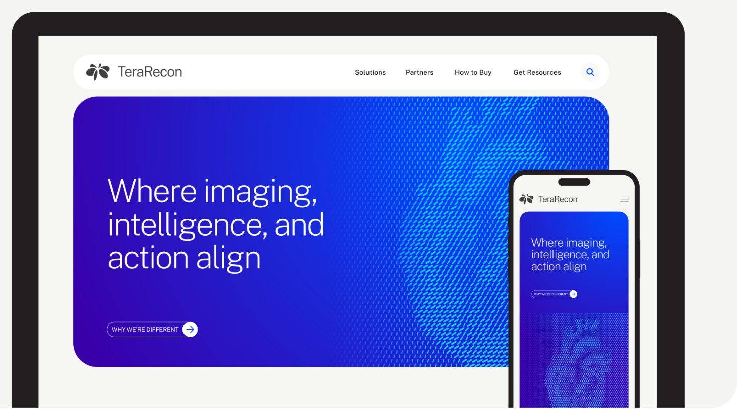 Website on desktop and phone: headline on the Cobalt Gradient with a heart particle flow and an outlined button
