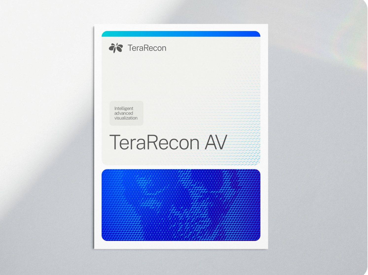 Product brochure: Bone cover with an edge strip, a descriptor tag and a particle-flow card